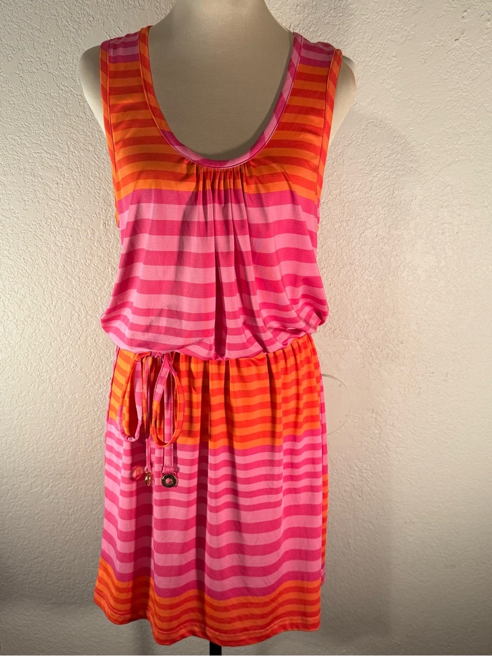 Mud Pie Pink & Orange Striped Tie-Waist Summer Dress Relaxed Beach Garden Party